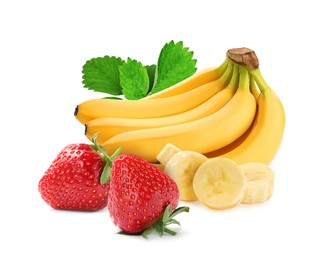 Image of Fresh ripe bananas and strawberries isolated on white