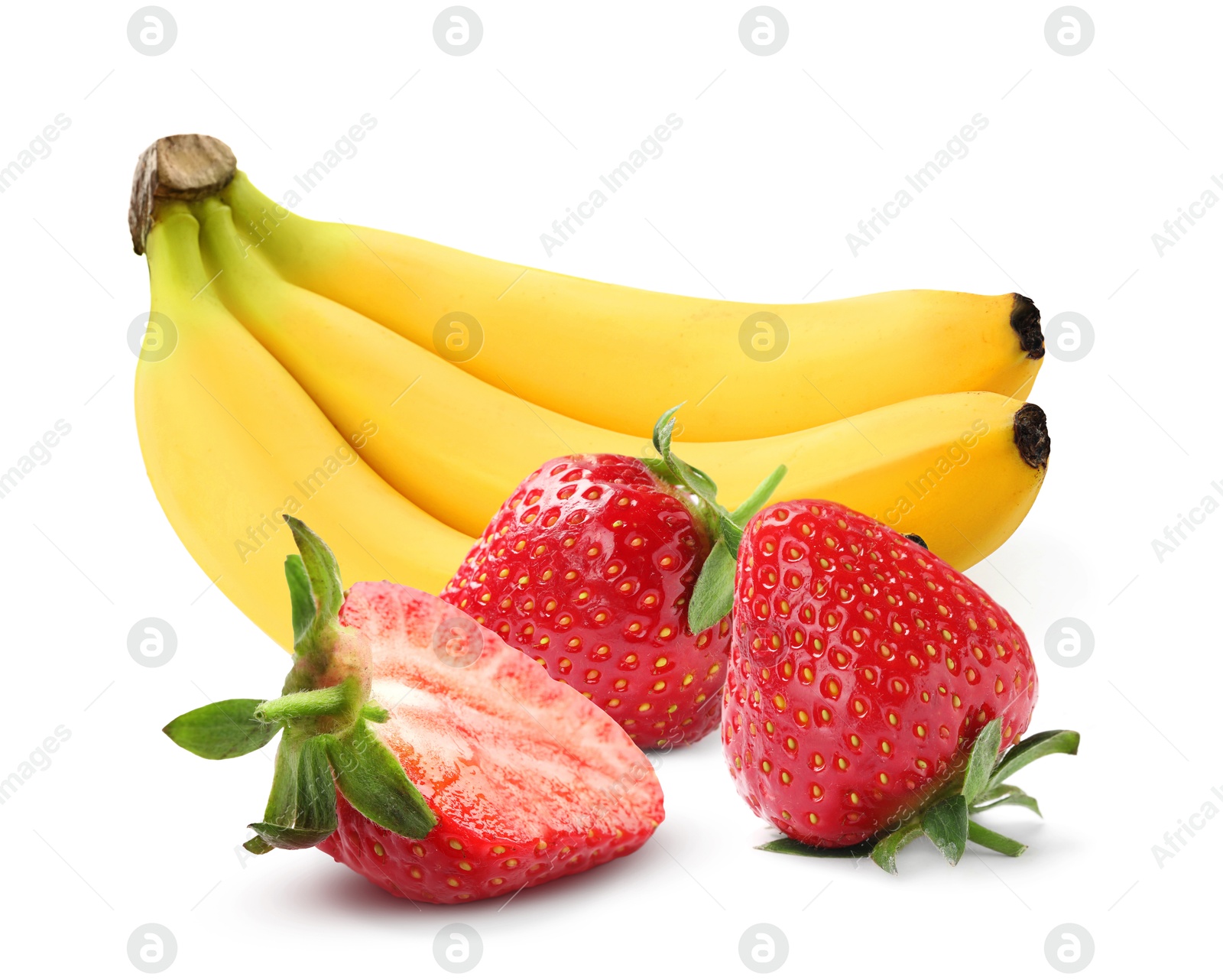 Image of Fresh ripe bananas and strawberries isolated on white