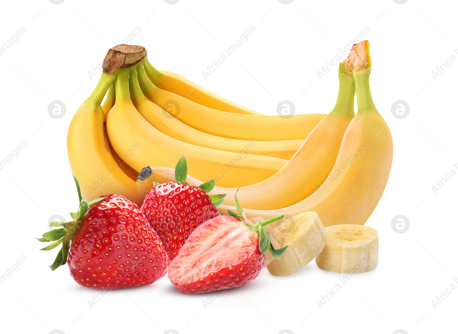 Image of Fresh ripe bananas and strawberries isolated on white