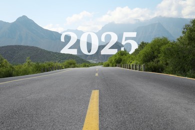 Image of Asphalt road leading to 2025 sign. Concept of new year, fresh beginning