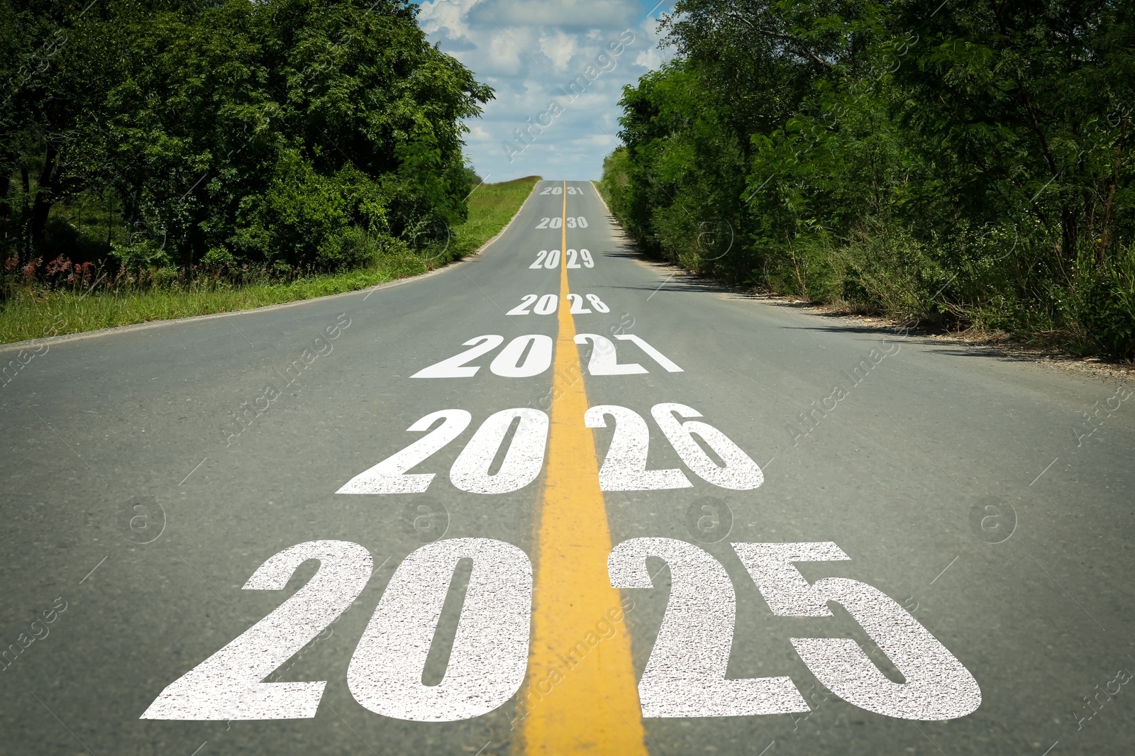 Image of Asphalt road with 2025, 2026 and so on signs. Concept of new year, fresh beginning