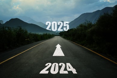 Image of Asphalt road with arrow and 2024 leading to 2025 sign. Concept of new year, fresh beginning