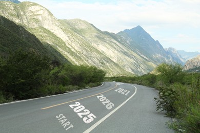 Asphalt road with Start, 2025, 2026 and so on signs. Concept of new year, fresh beginning