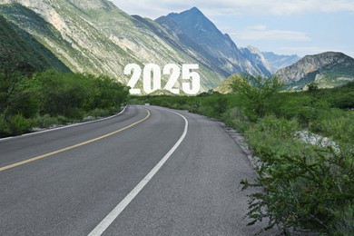 Image of Asphalt road leading to 2025 sign. Concept of new year, fresh beginning