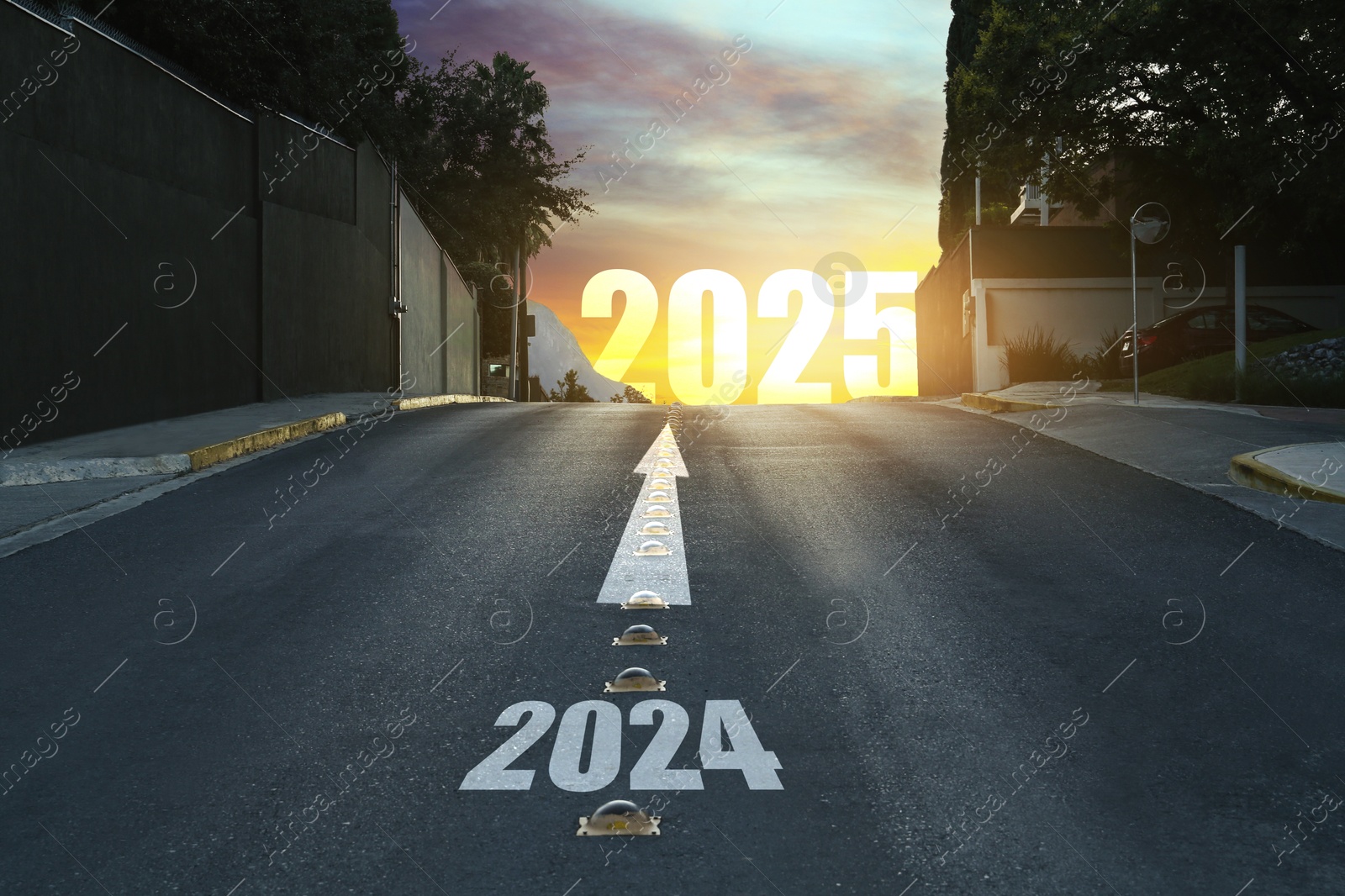 Image of Asphalt road with arrow and 2024 leading to 2025 sign. Concept of new year, fresh beginning