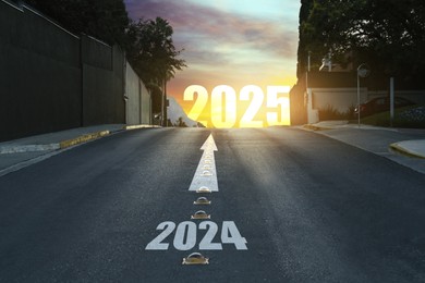 Asphalt road with arrow and 2024 leading to 2025 sign. Concept of new year, fresh beginning