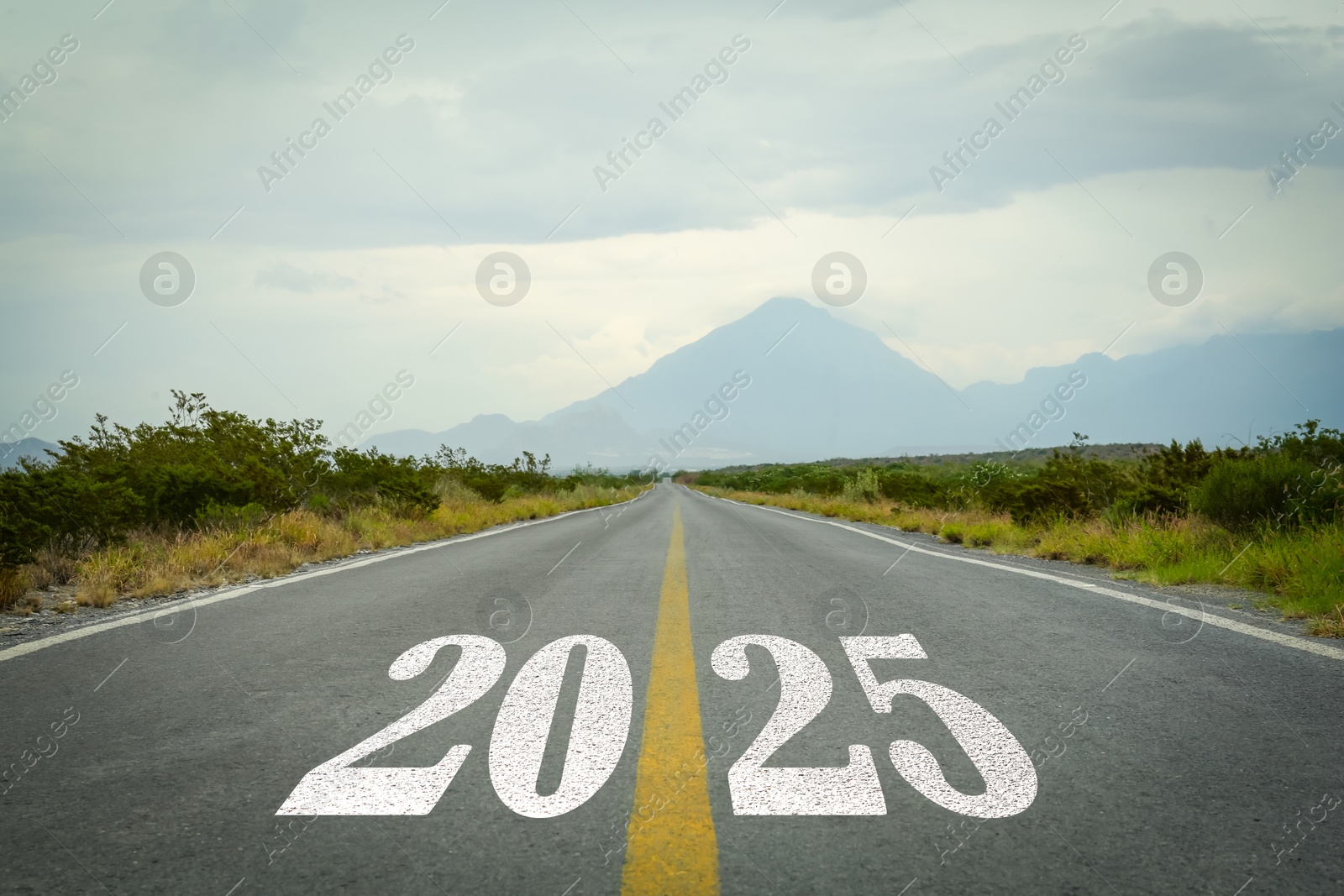 Image of 2025 on asphalt road. Concept of new year, fresh beginning