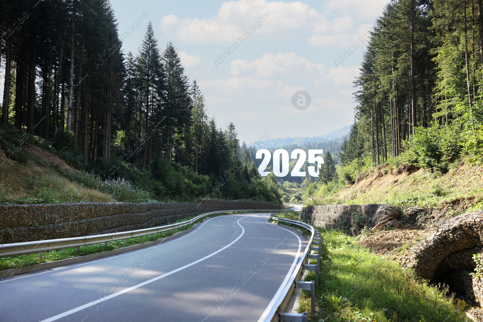 Image of Asphalt road leading to 2025 sign. Concept of new year, fresh beginning