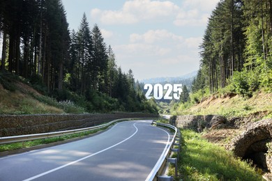 Image of Asphalt road leading to 2025 sign. Concept of new year, fresh beginning