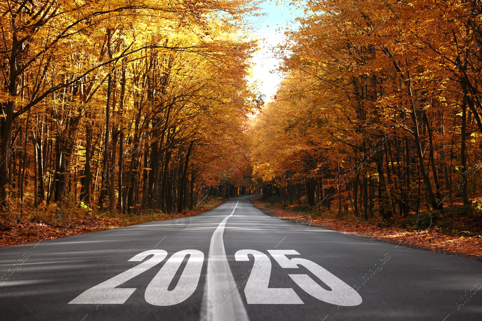 Image of 2025 on asphalt road. Concept of new year, fresh beginning