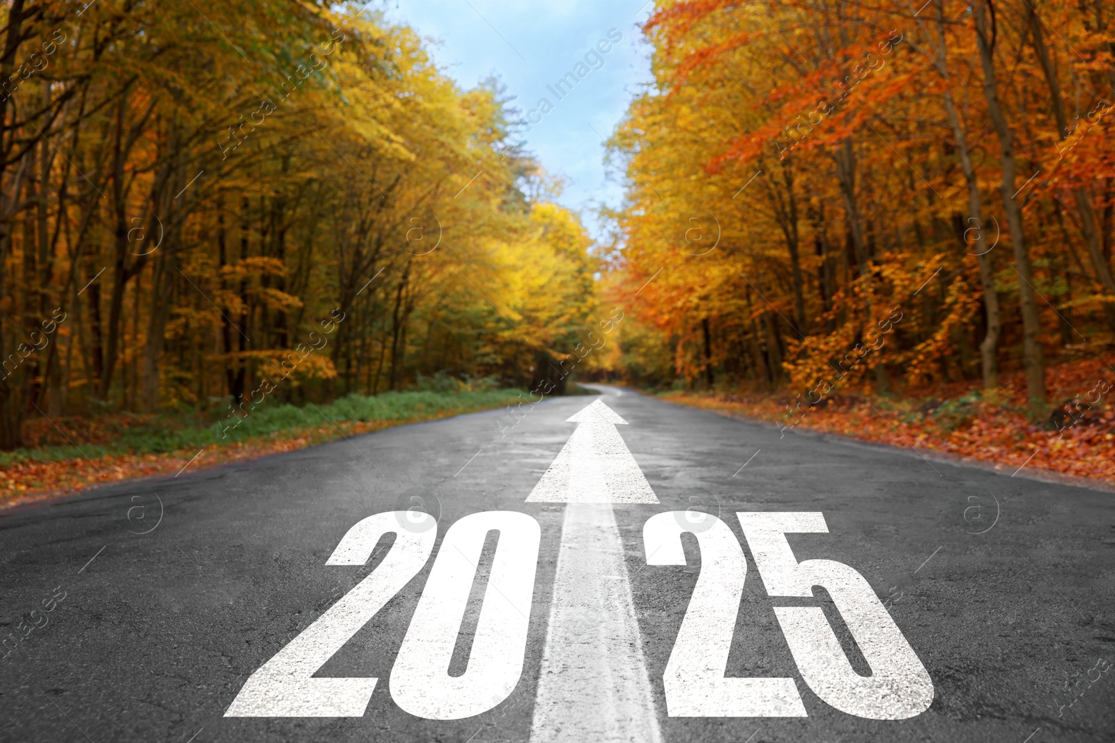 Image of 2025 and arrow on asphalt road. Concept of new year, fresh beginning