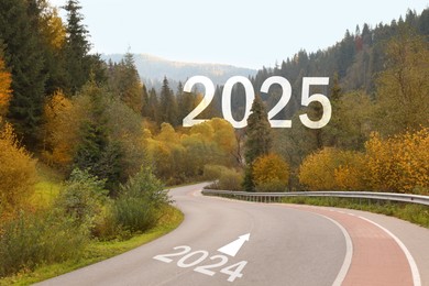 Image of Asphalt road with arrow and 2024 leading to 2025 sign. Concept of new year, fresh beginning