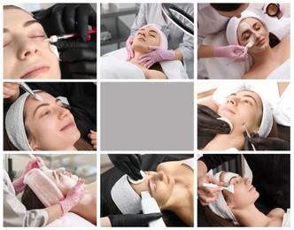 Image of Cosmetology. Collage with photos of client undergoing different beauty procedures