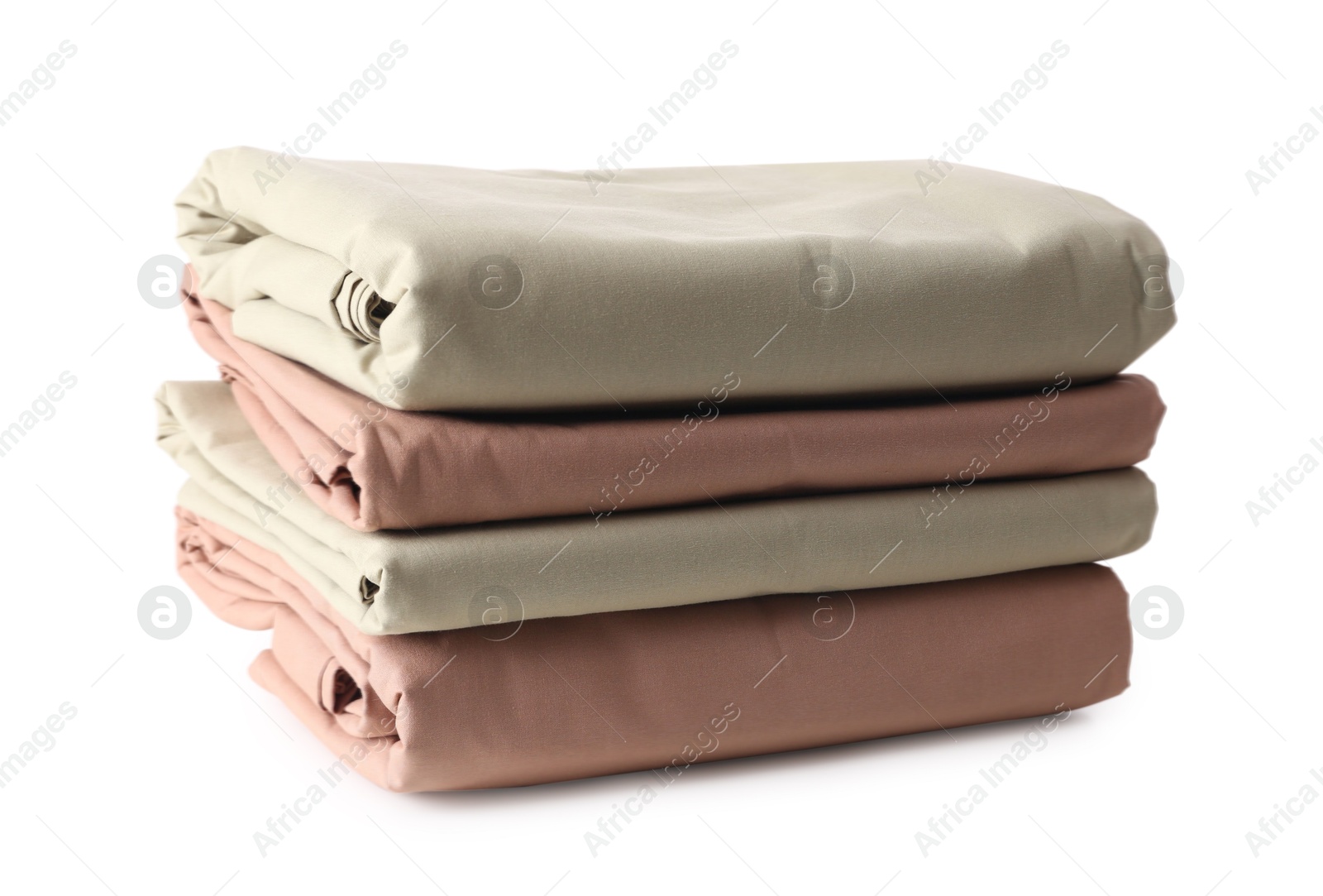 Photo of Stack of clean bed sheets isolated on white