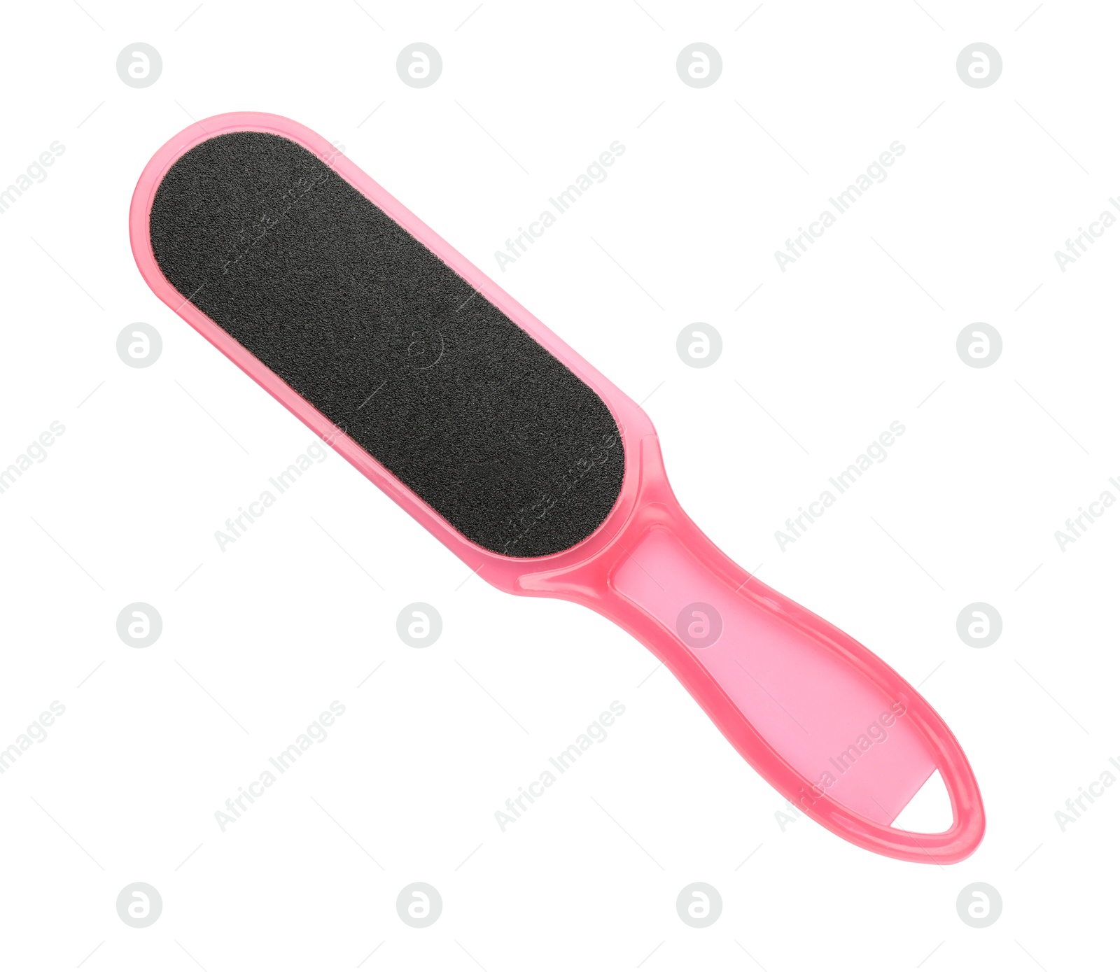 Photo of Pink foot file on white background, top view. Pedicure tool