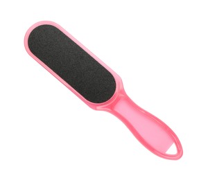 Photo of Pink foot file on white background, top view. Pedicure tool