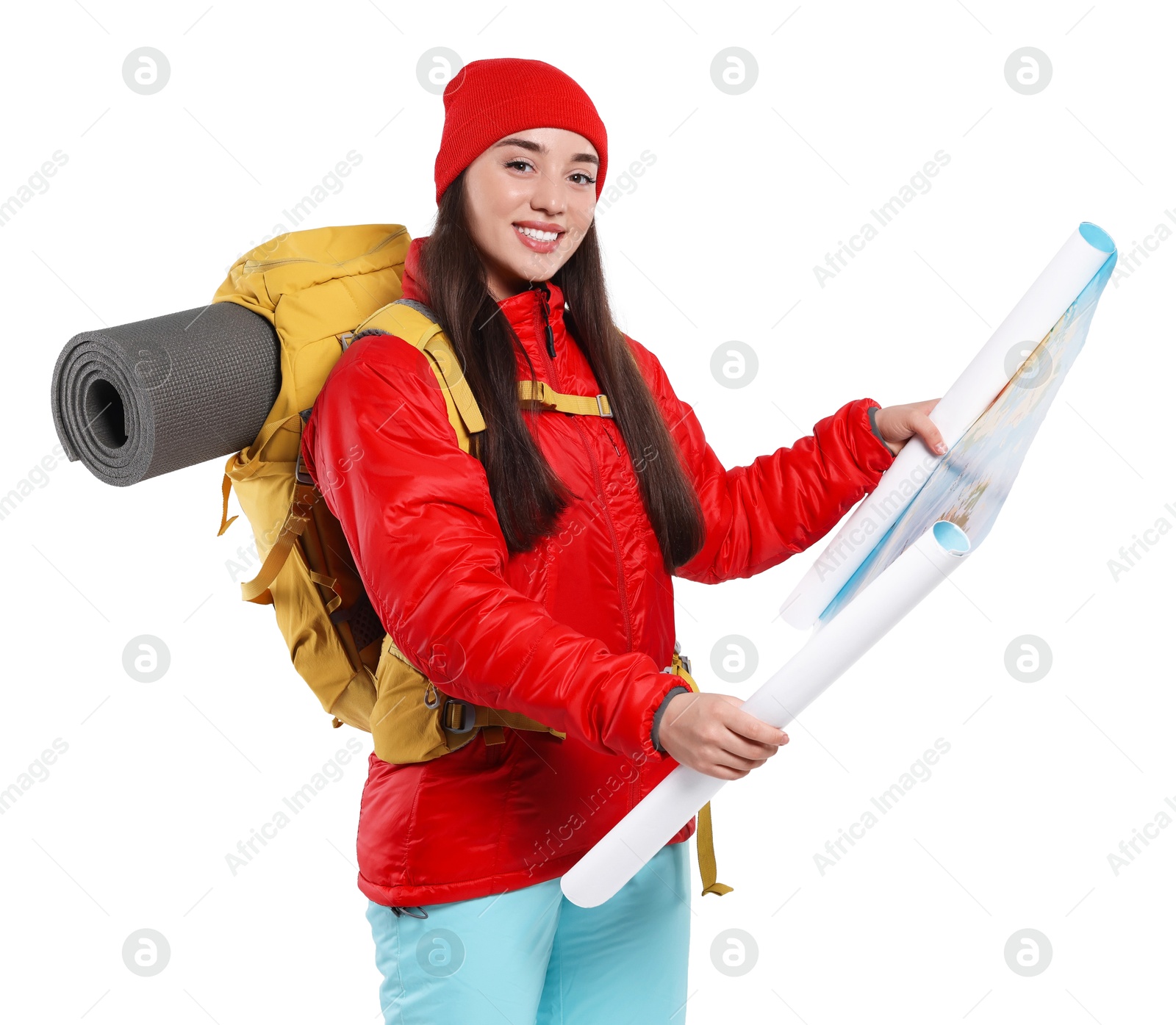 Photo of Smiling young woman with backpack and map on white background. Active tourism