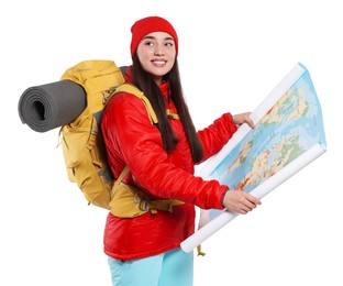 Smiling young woman with backpack and map on white background. Active tourism