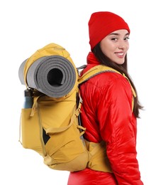 Photo of Smiling young woman with backpack on white background. Active tourism