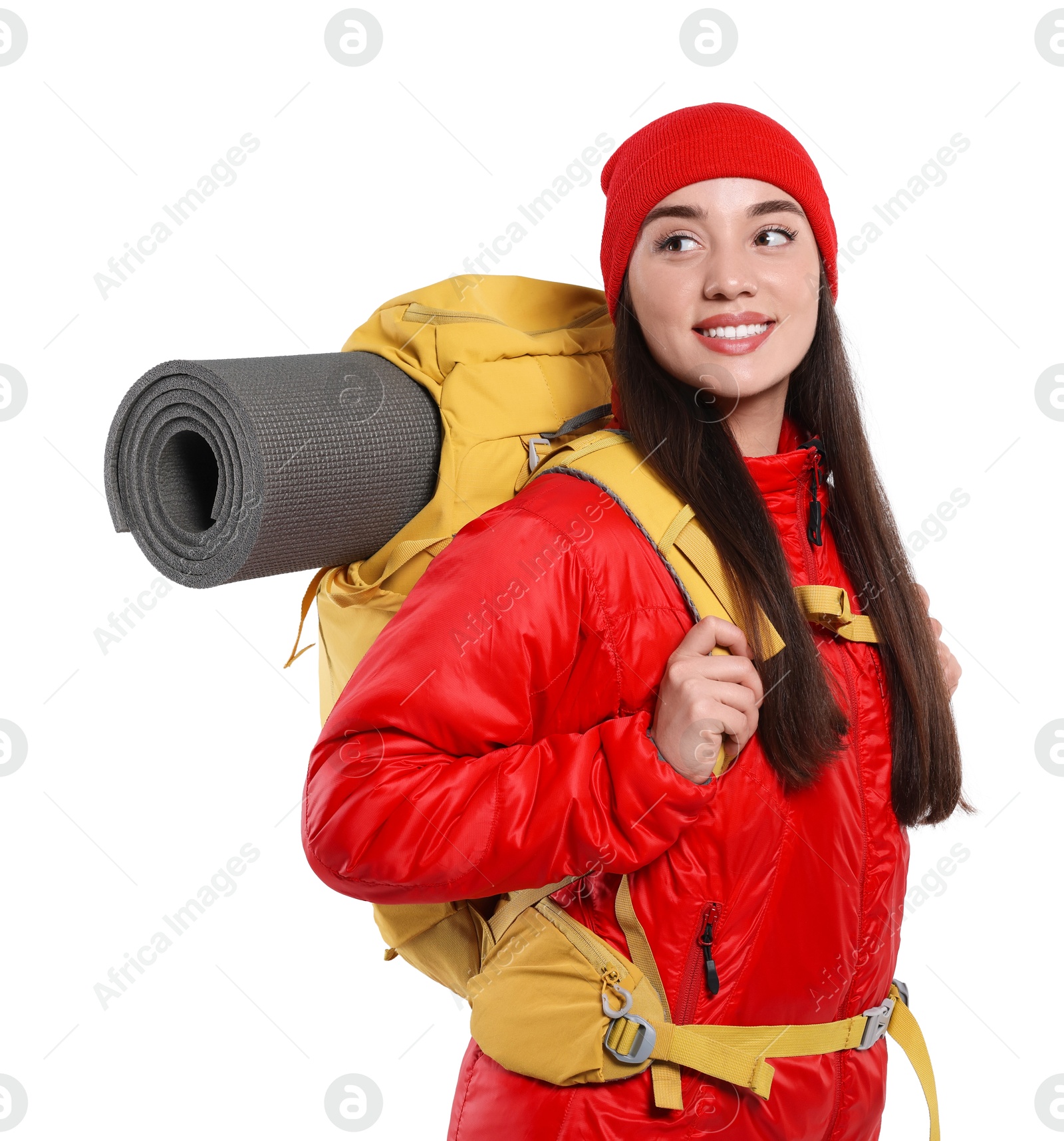 Photo of Smiling young woman with backpack on white background. Active tourism