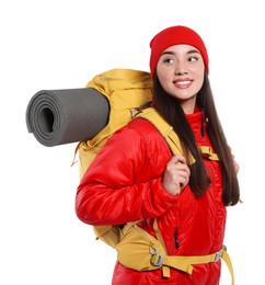 Smiling young woman with backpack on white background. Active tourism