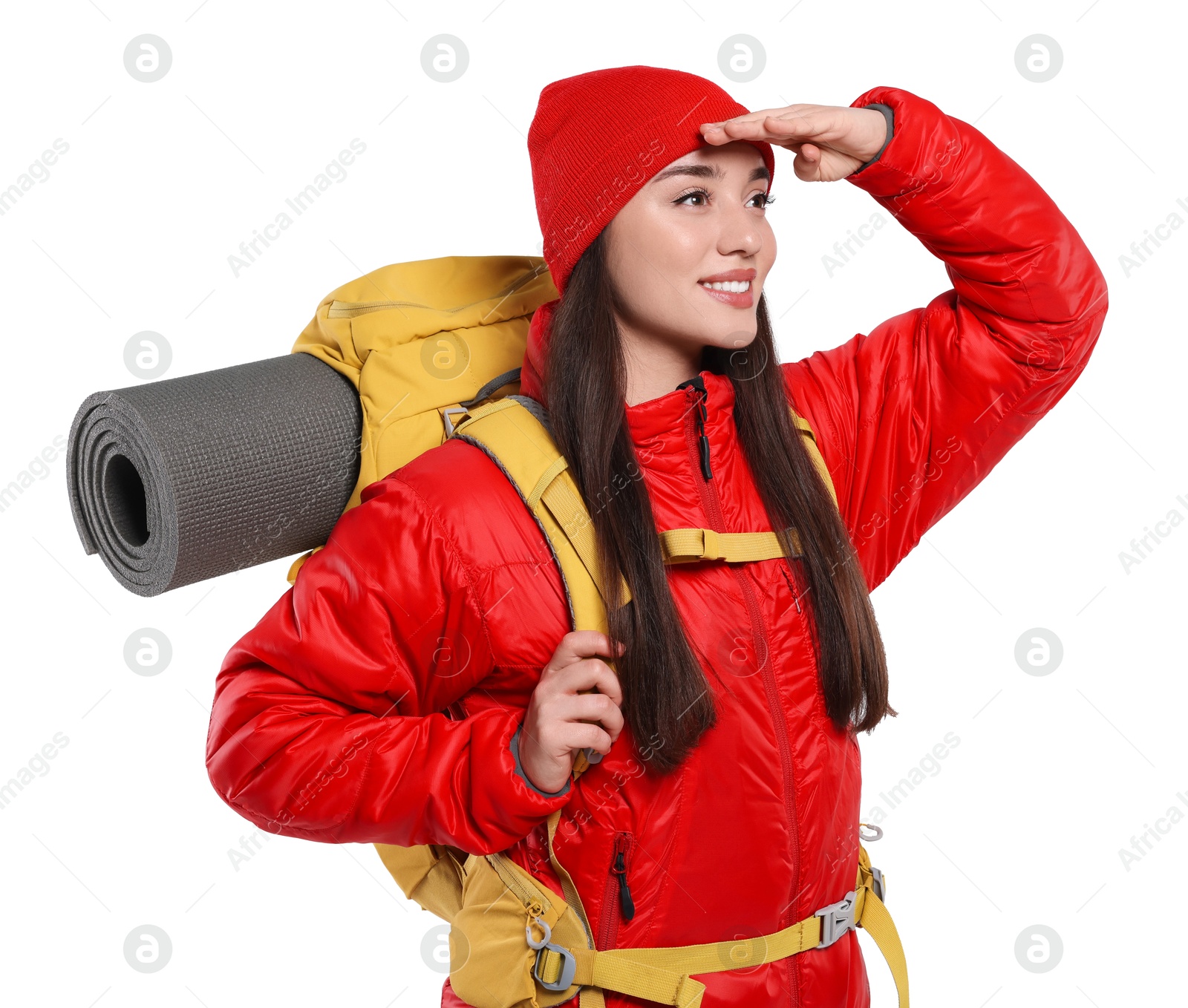 Photo of Smiling young woman with backpack on white background. Active tourism