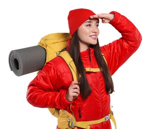 Smiling young woman with backpack on white background. Active tourism