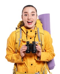 Emotional young woman with backpack and binoculars on white background. Active tourism