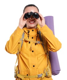 Photo of Young woman with backpack looking through binoculars on white background. Active tourism