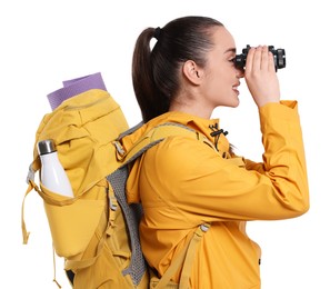 Photo of Young woman with backpack looking through binoculars on white background. Active tourism