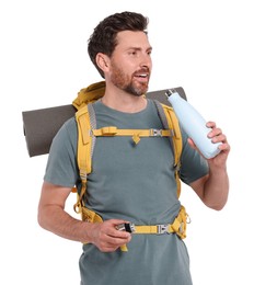 Photo of Happy man with backpack and thermo bottle on white background. Active tourism