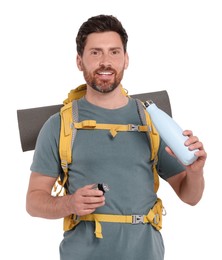 Photo of Happy man with backpack and thermo bottle on white background. Active tourism