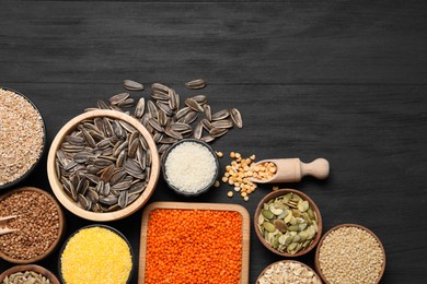 Photo of Different types of legumes, seeds and cereals on black wooden table, flat lay. Space for text