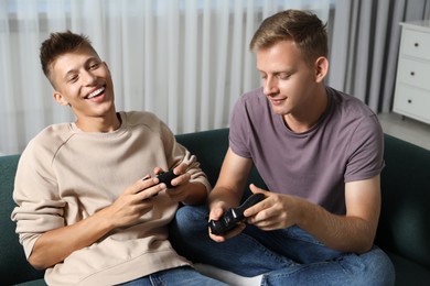 Happy brothers playing video game at home