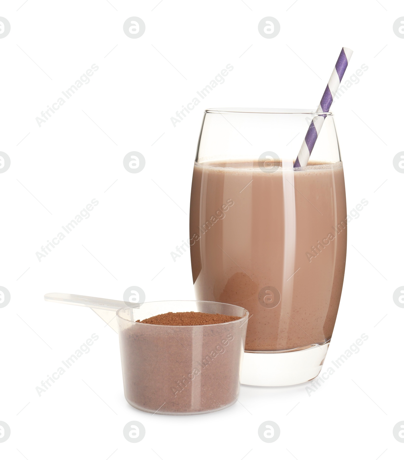 Photo of Delicious protein shake in glass and scoop with powder isolated on white