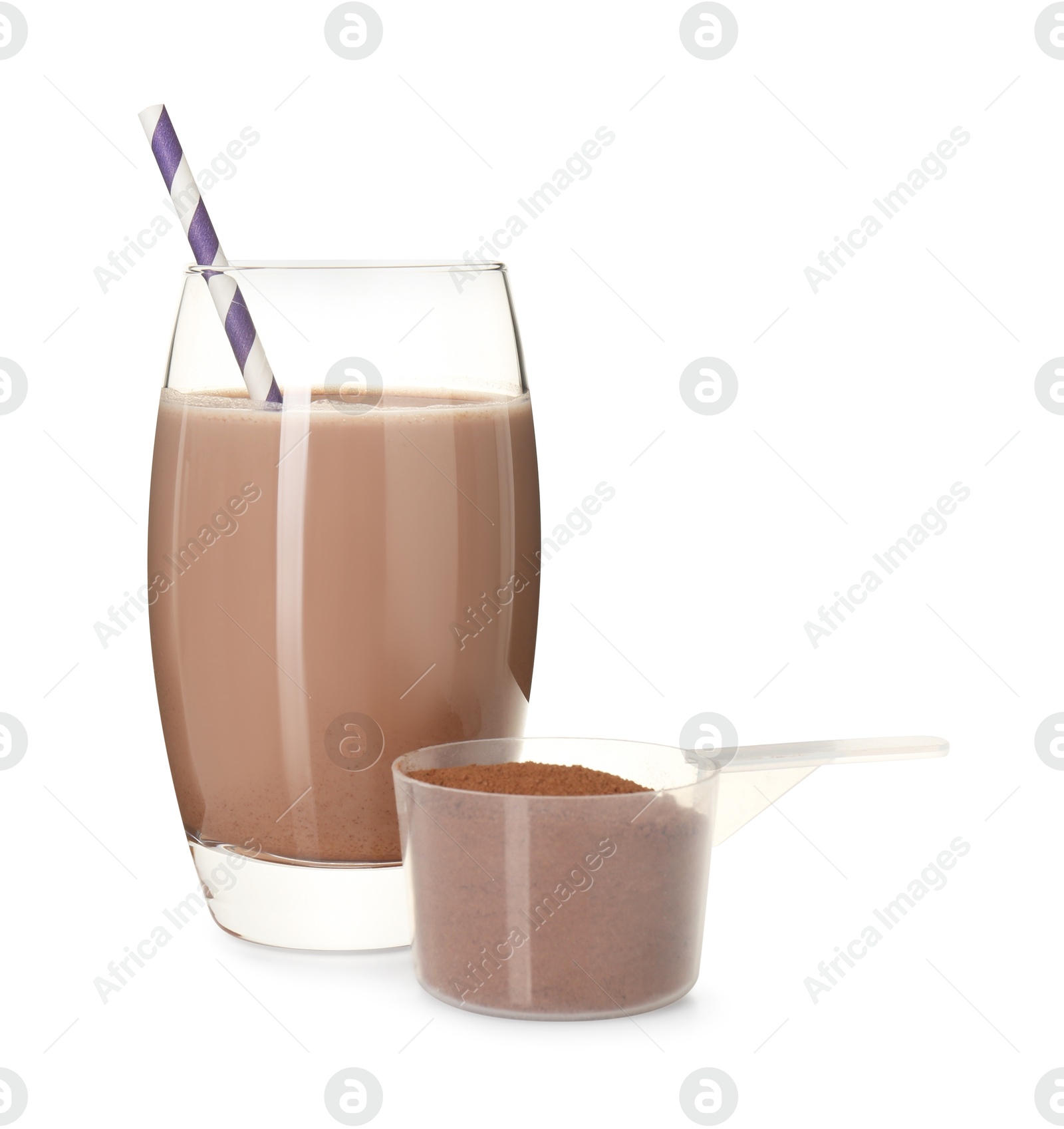 Photo of Delicious protein shake in glass and scoop with powder isolated on white