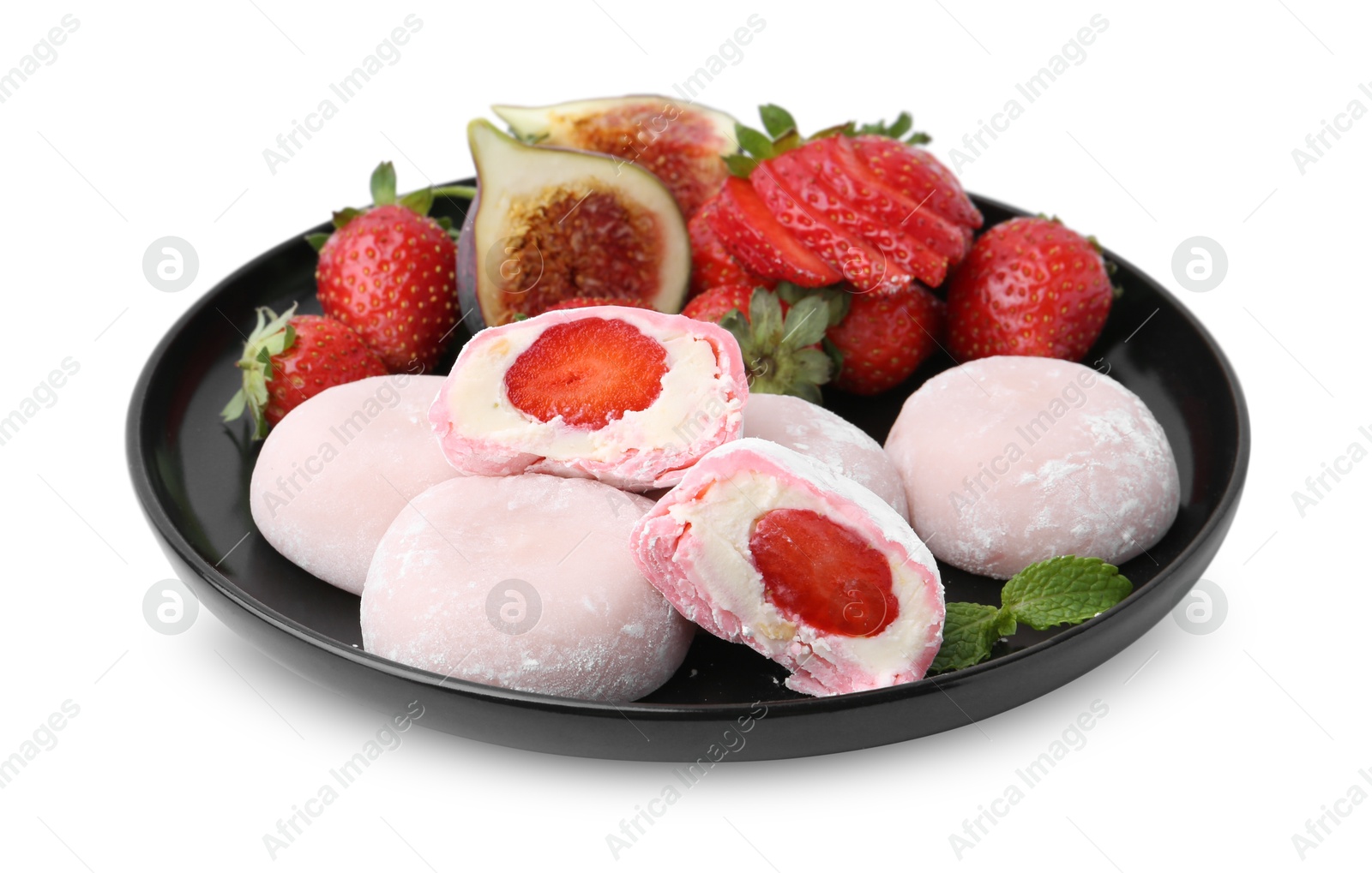 Photo of Delicious mochi with strawberries and fig isolated on white