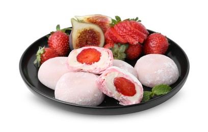 Delicious mochi with strawberries and fig isolated on white