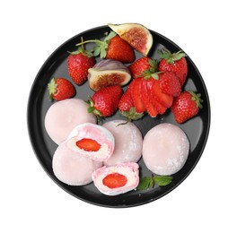 Photo of Delicious mochi with strawberries and fig isolated on white, top view