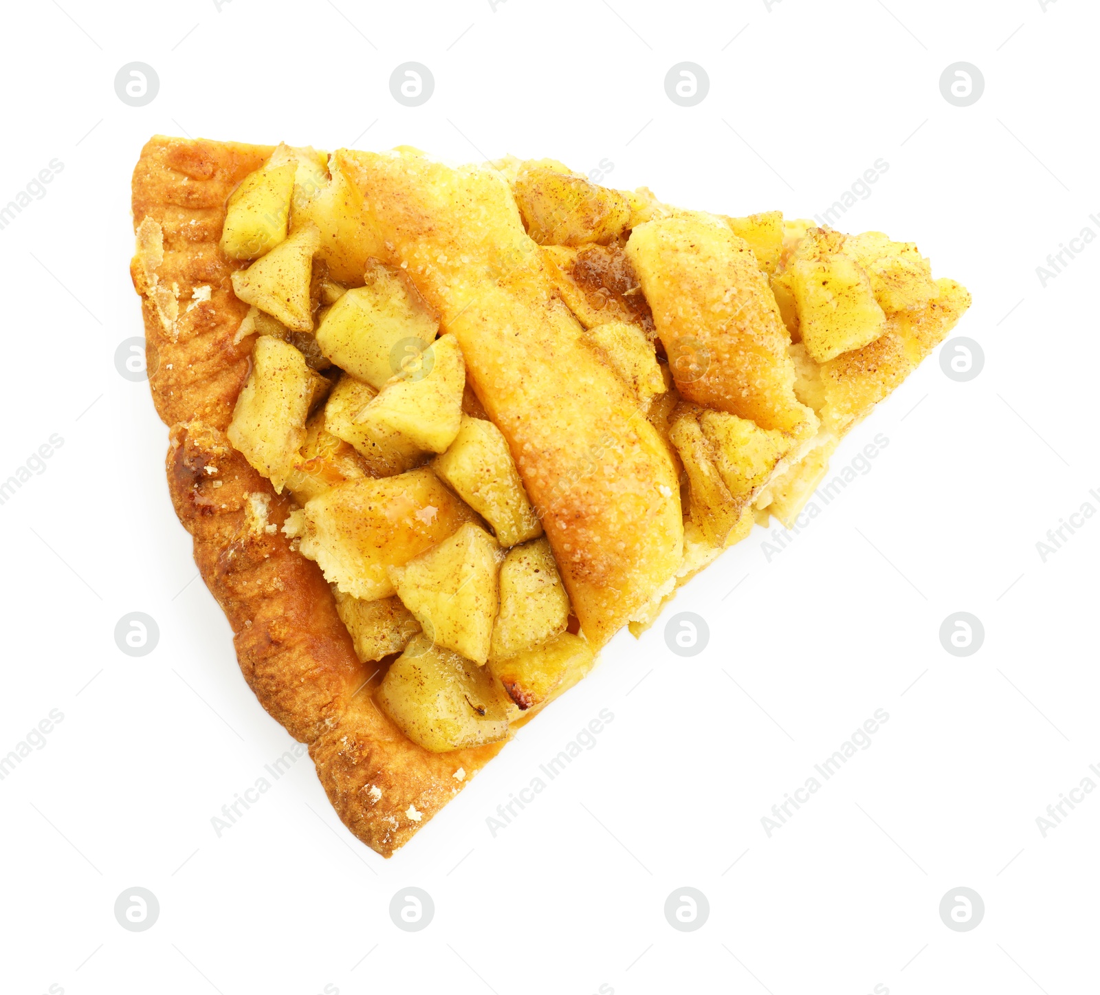 Photo of Slice of homemade apple pie isolated on white, top view