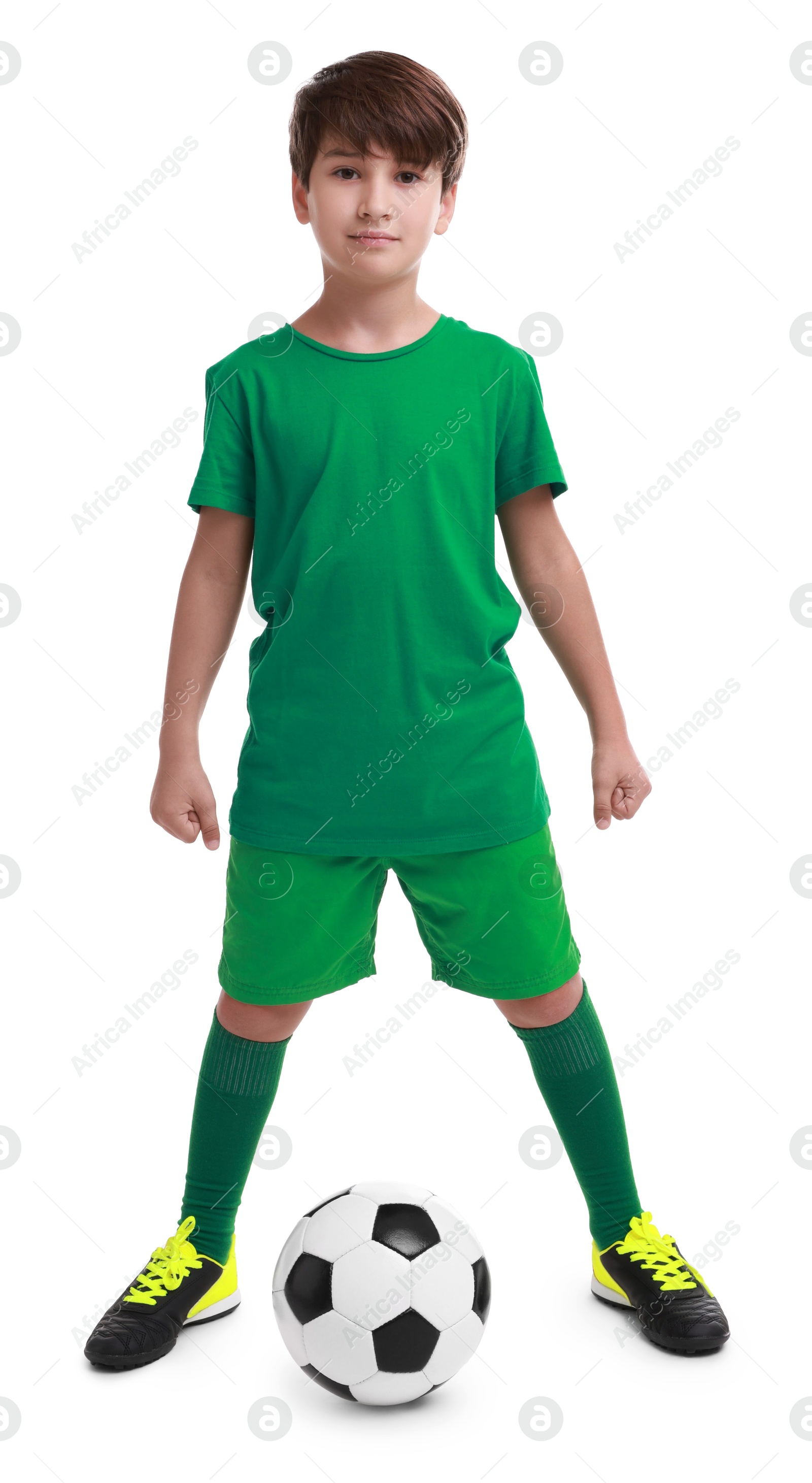 Photo of Football player with soccer ball on white background