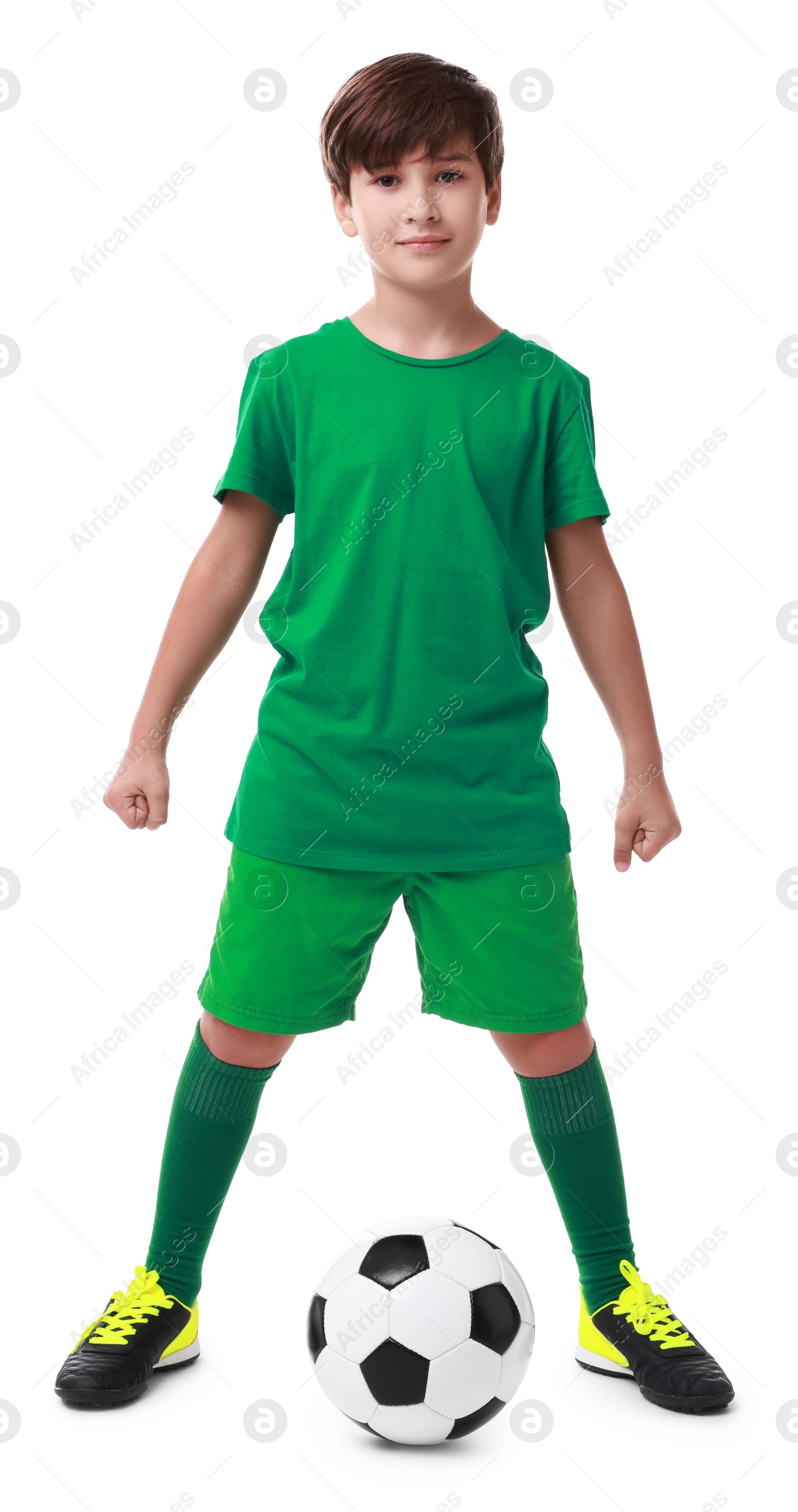 Photo of Football player with soccer ball on white background