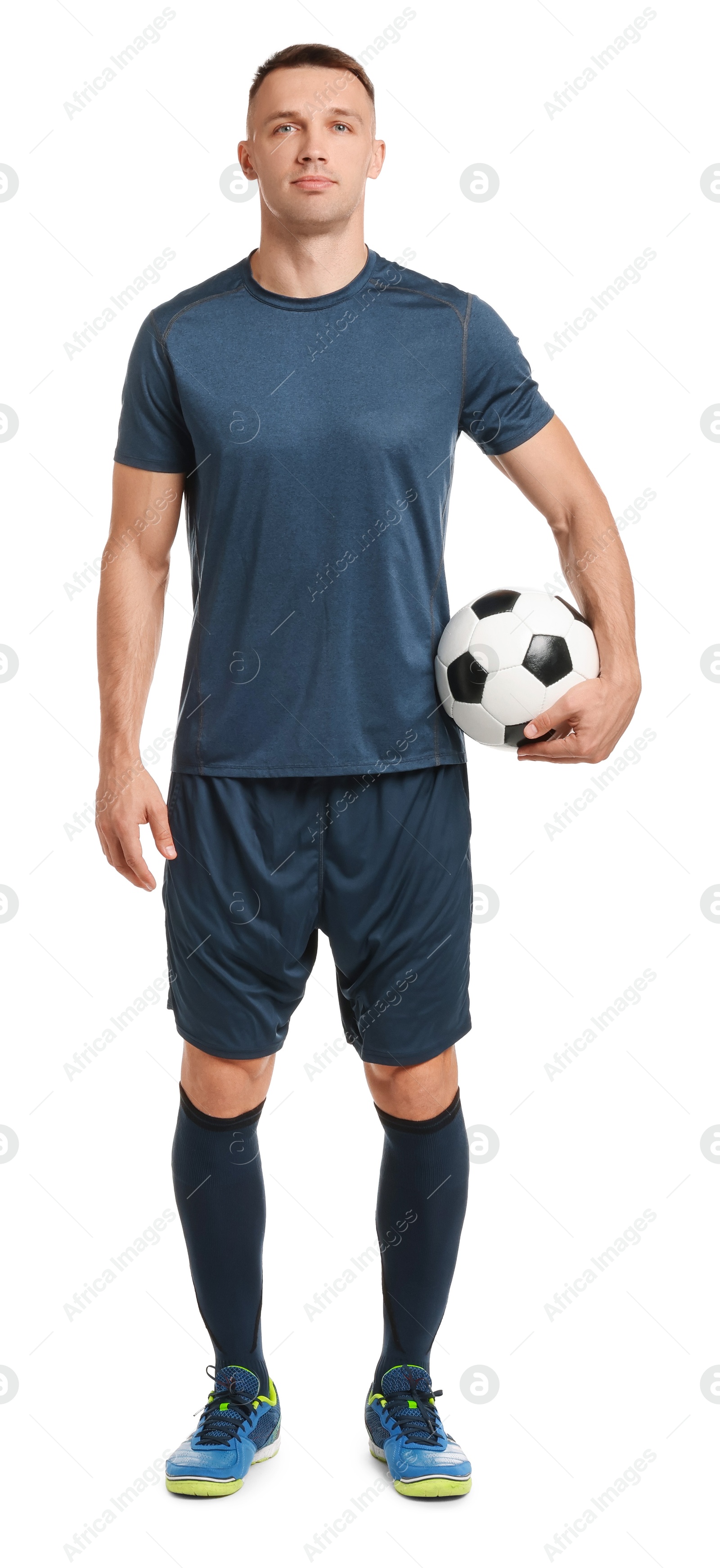 Photo of Football player with soccer ball on white background