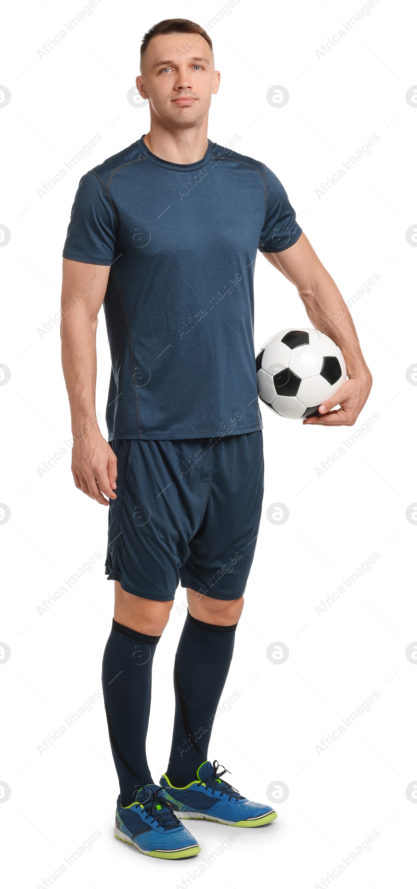 Photo of Football player with soccer ball on white background