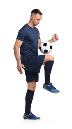 Man playing football with soccer ball on white background