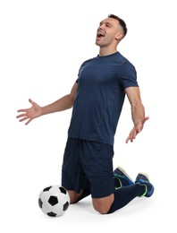 Emotional football player shouting and soccer ball on white background