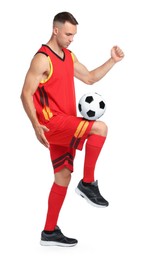 Photo of Man playing football with soccer ball on white background