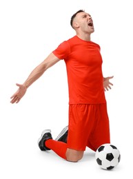 Emotional football player shouting and soccer ball on white background