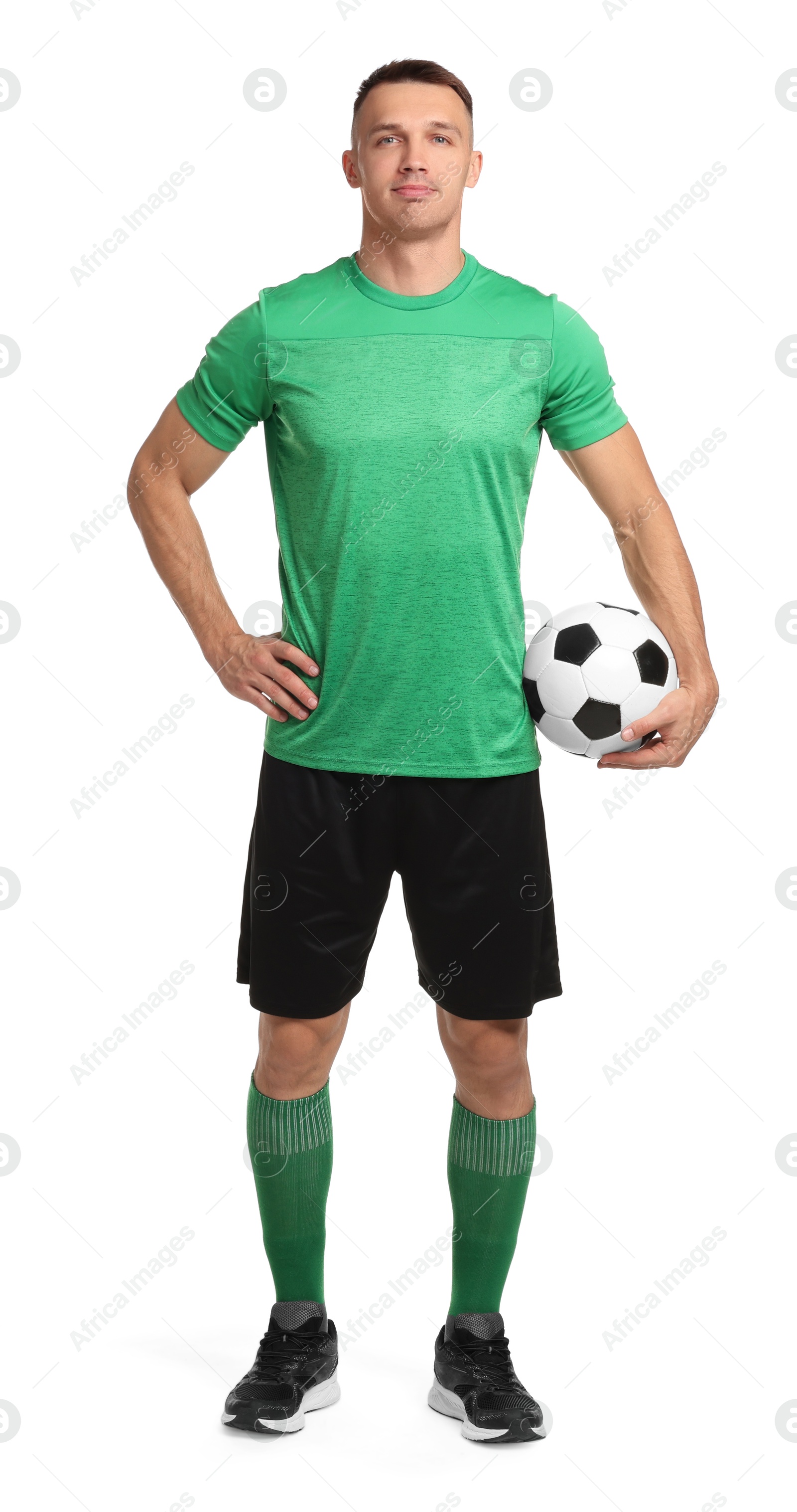 Photo of Football player with soccer ball on white background