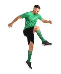 Football player in sportswear training on white background